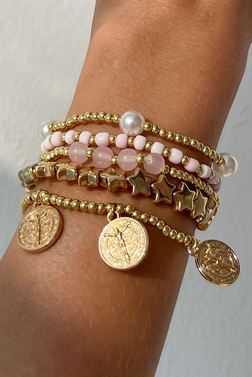 Gold Discs Pearl Stars Beaded Multi Layer Bracelet Set