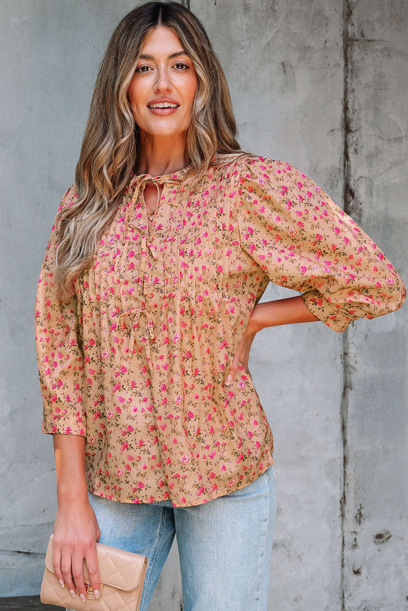 Light French Beige Floral Print Bow Pintuck Bust Half Puff Sleeve Blouse Top