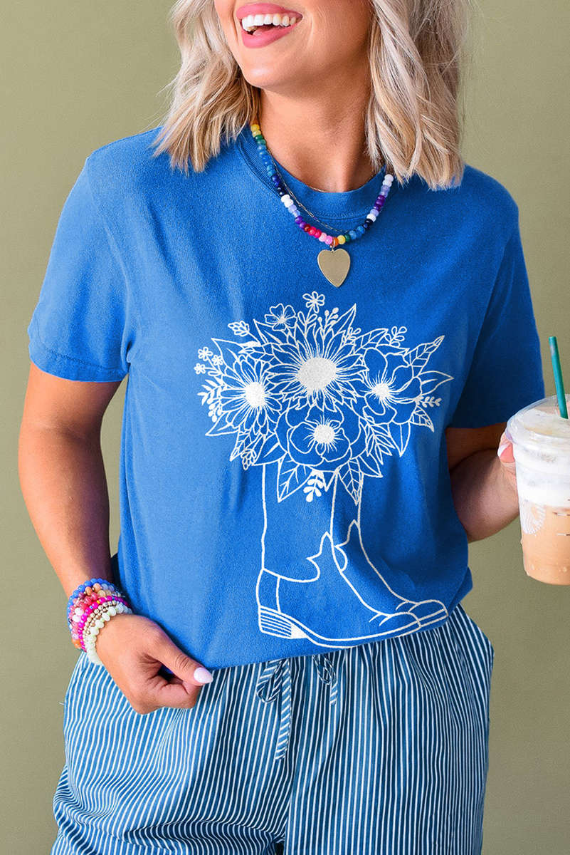 Blue Sunflower Boots Graphic Western Fashion T Shirt