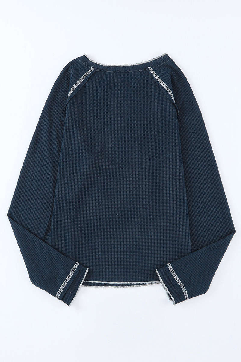 Blue Textured Round Neck Long Sleeve Top