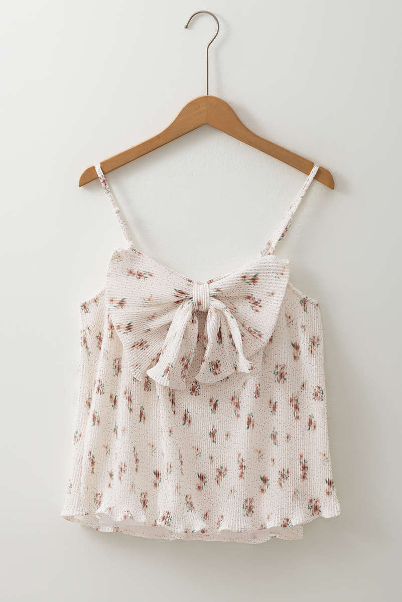 White Floral Pleated Big Bow Back Spaghetti Straps Tank Top