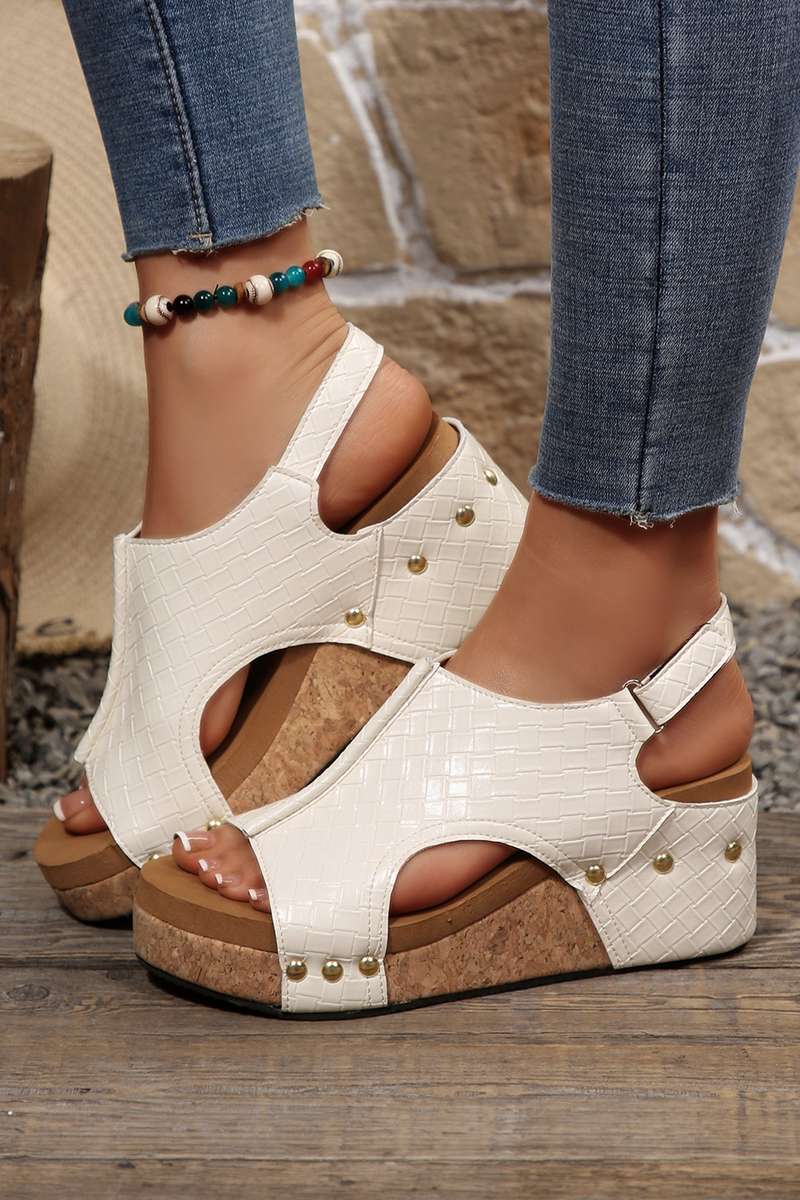 White Retro PU Leather Quilted Texture Studded Platform Sandals