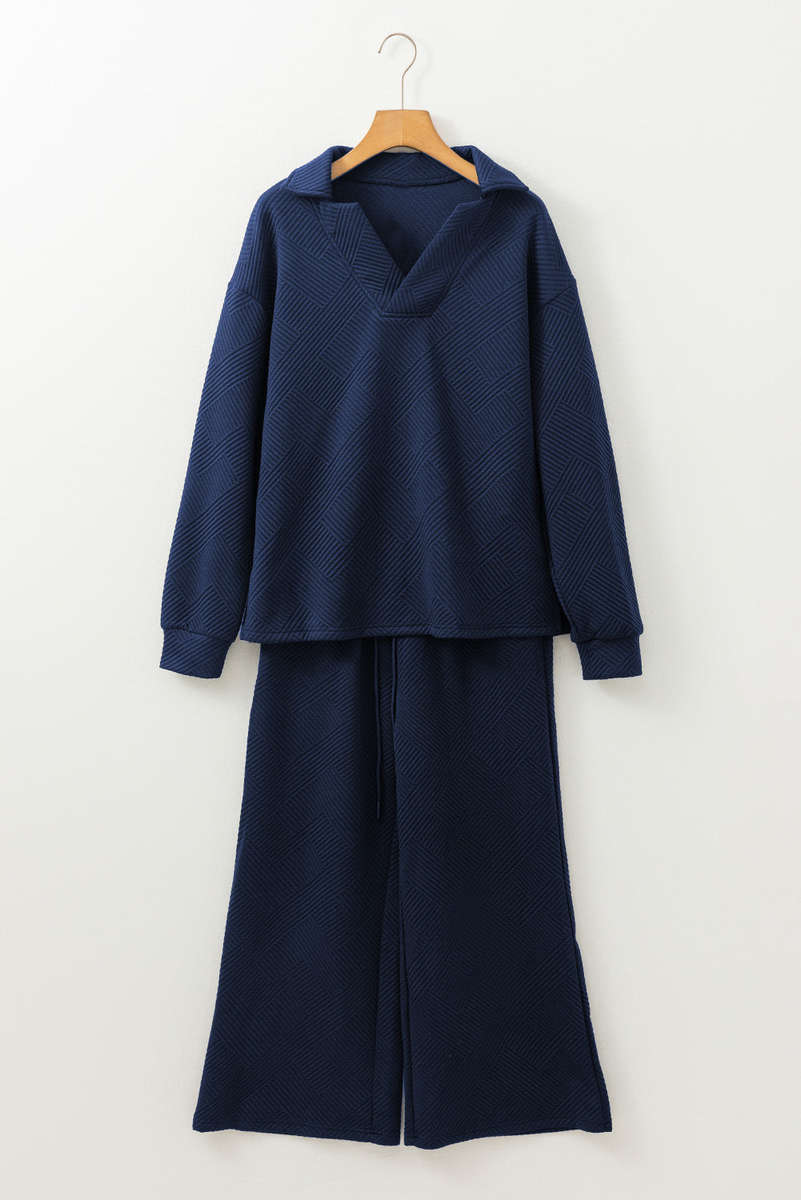 Sail Blue Solid Textured Collared V Neck Top and Wide Leg Pants Set