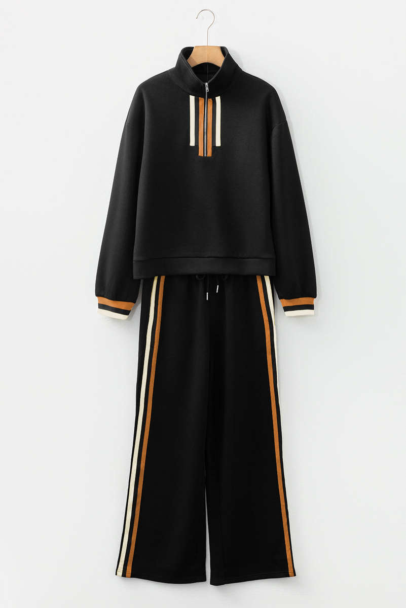 Black Striped Patchwork Quarter Zip Pullover Loose Pant Set