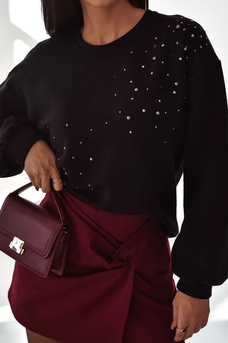 Black Rhinestone Embellished Drop Shoulder Ribbed Cuffs Wholesale Sweatshirt