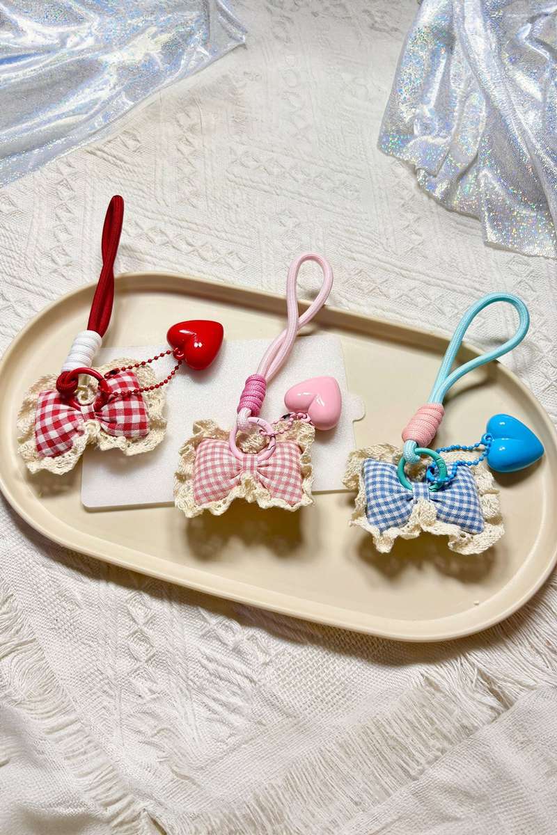Pink Puffy Heart Crochet Trim Plaid Bow Rope Dangle Keychain Bag Accessory
