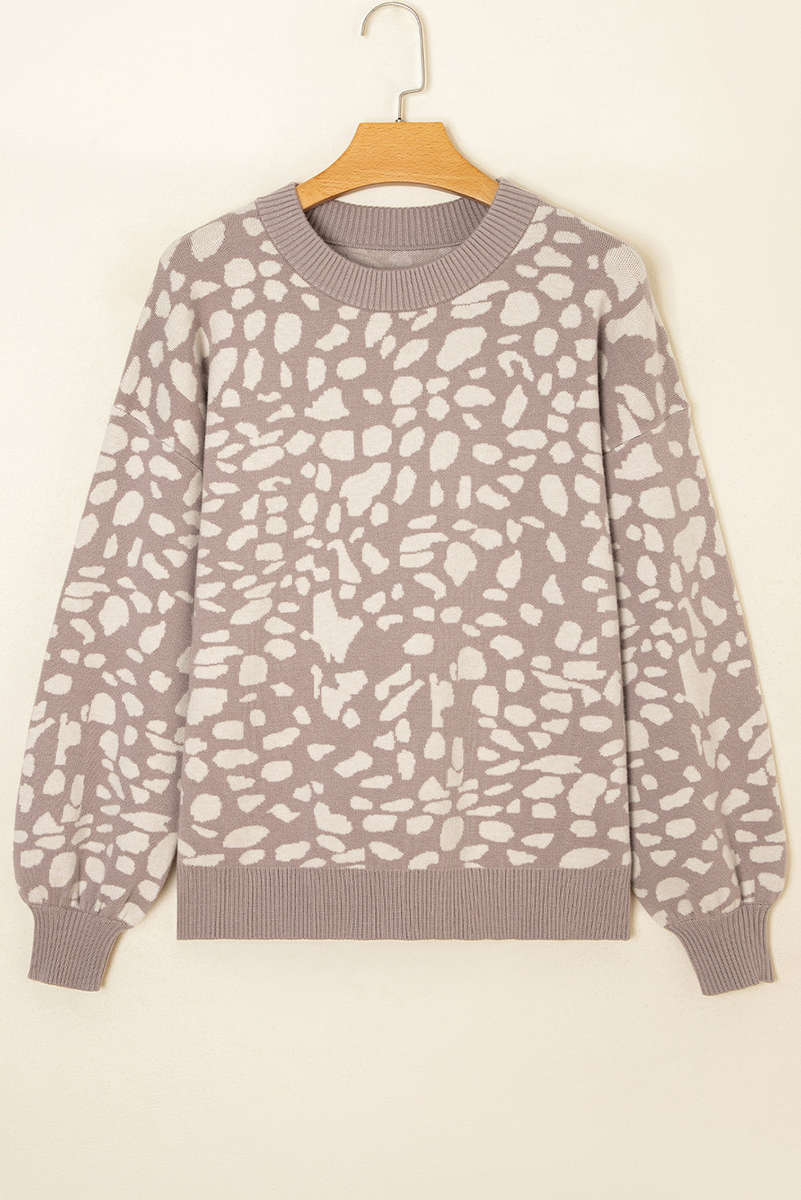 Gray Leopard Spots Pattern Ribbed Trim Drop Shoulder Sweater