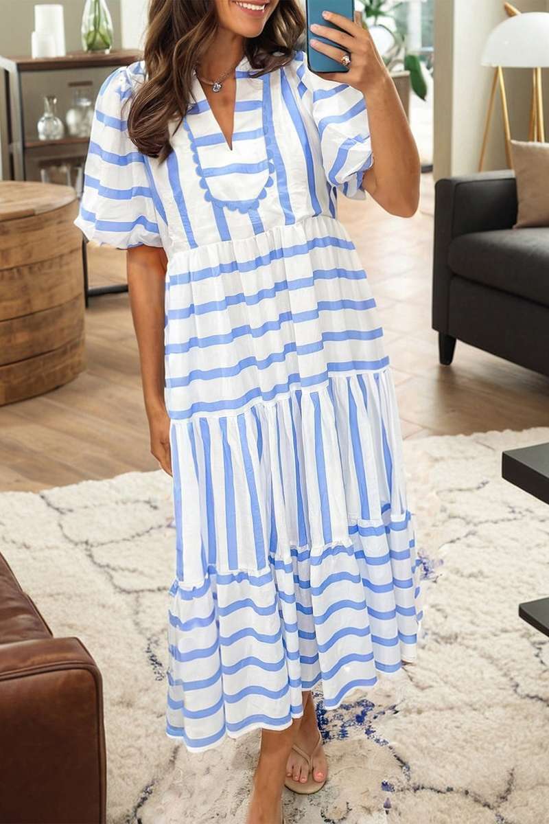 Sky Blue Stripe Ricrac Trim Notched Neck Half Sleeve Vacation Dress