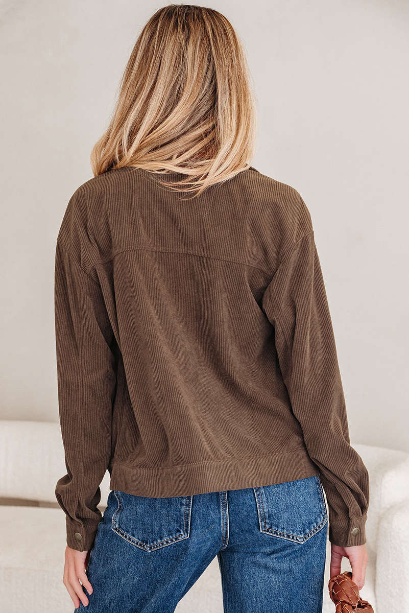 Dark Khaki Button Zip Up Lapel Collar Corduroy Jacket