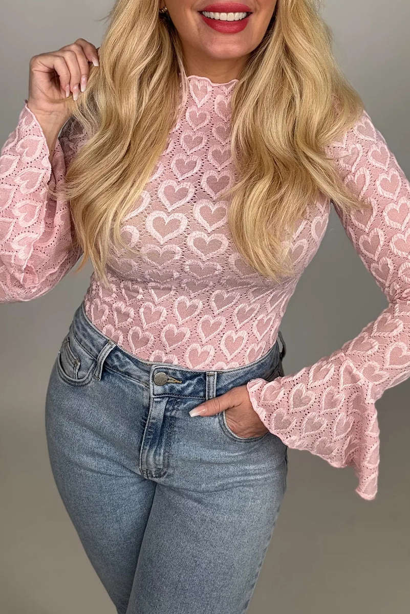 Gossamer Pink Heart Jacquard Flare Sleeve Mock Neck Fitted Top