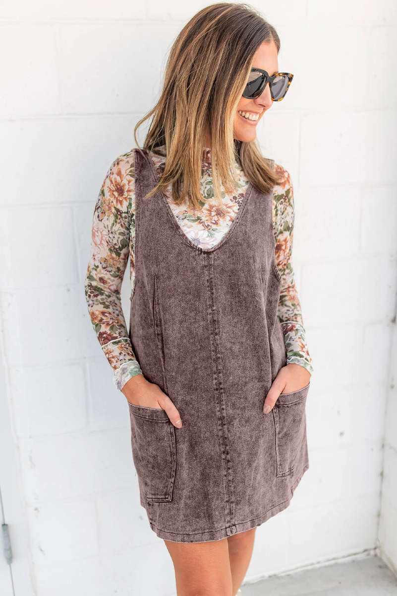 Goat Vintage Washed Denim V Neck Suspender Mini Dress