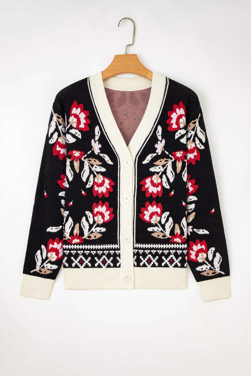 Black Floral Print Buttoned Front V Neck Knit Cardigan