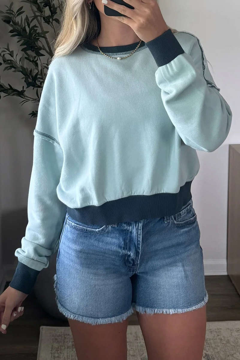 Iceland Blue Contrast Edge Colorblock Patchwork Crop Sweatshirt