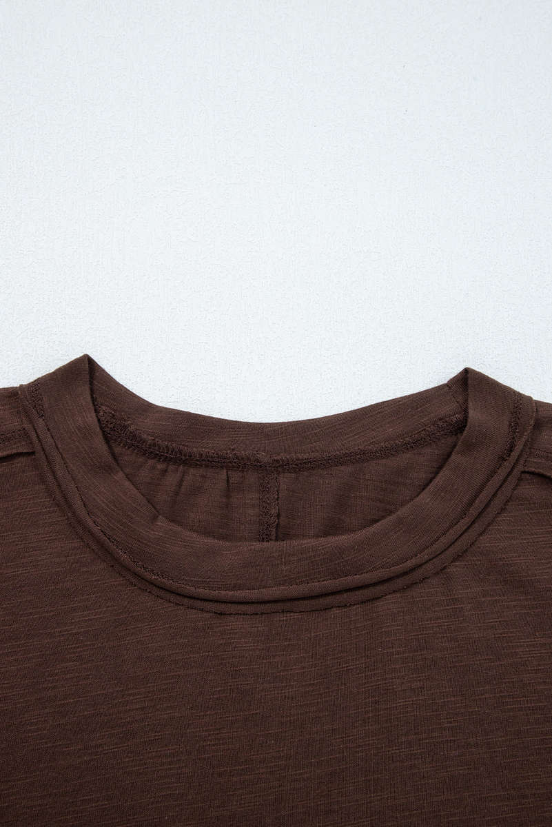 Dark Brown Sheer Lace Patchwork Casual Long Sleeve Tee