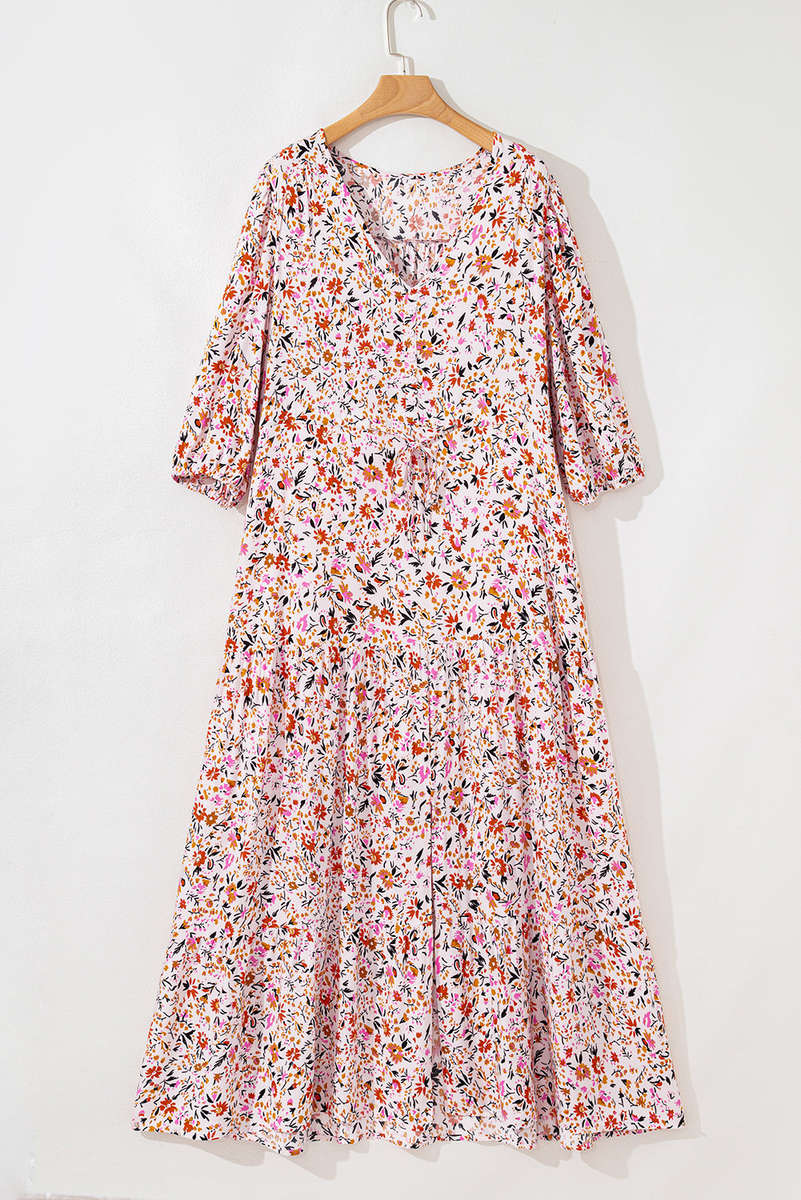 Red Boho Half Sleeve Floral V Neck Maxi Dress