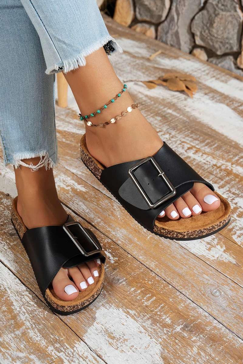 Color black Retro Geometric Print Buckle Strap Flat Slippers