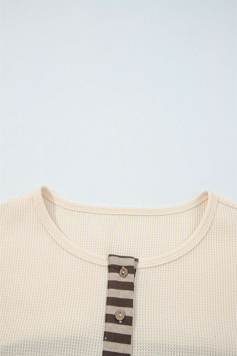 Beige Waffle Stripe Plaid Patchwork Henley Knit Top