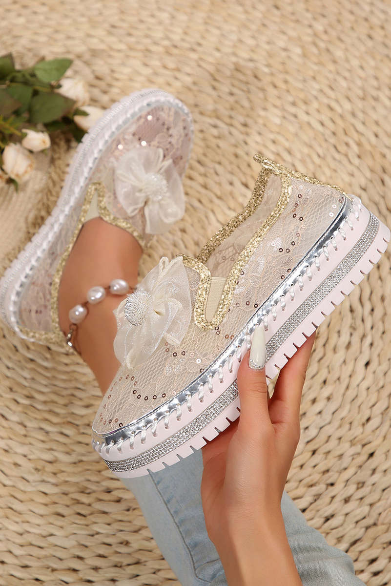 White Glossy Bow Decor Breathable Lace Loafer Shoes