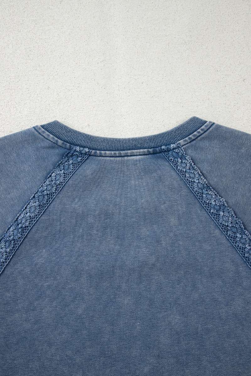 Sail Blue Lace Patchwork Detail Notched Neck Mineral Wash Baggy Sweatshirt