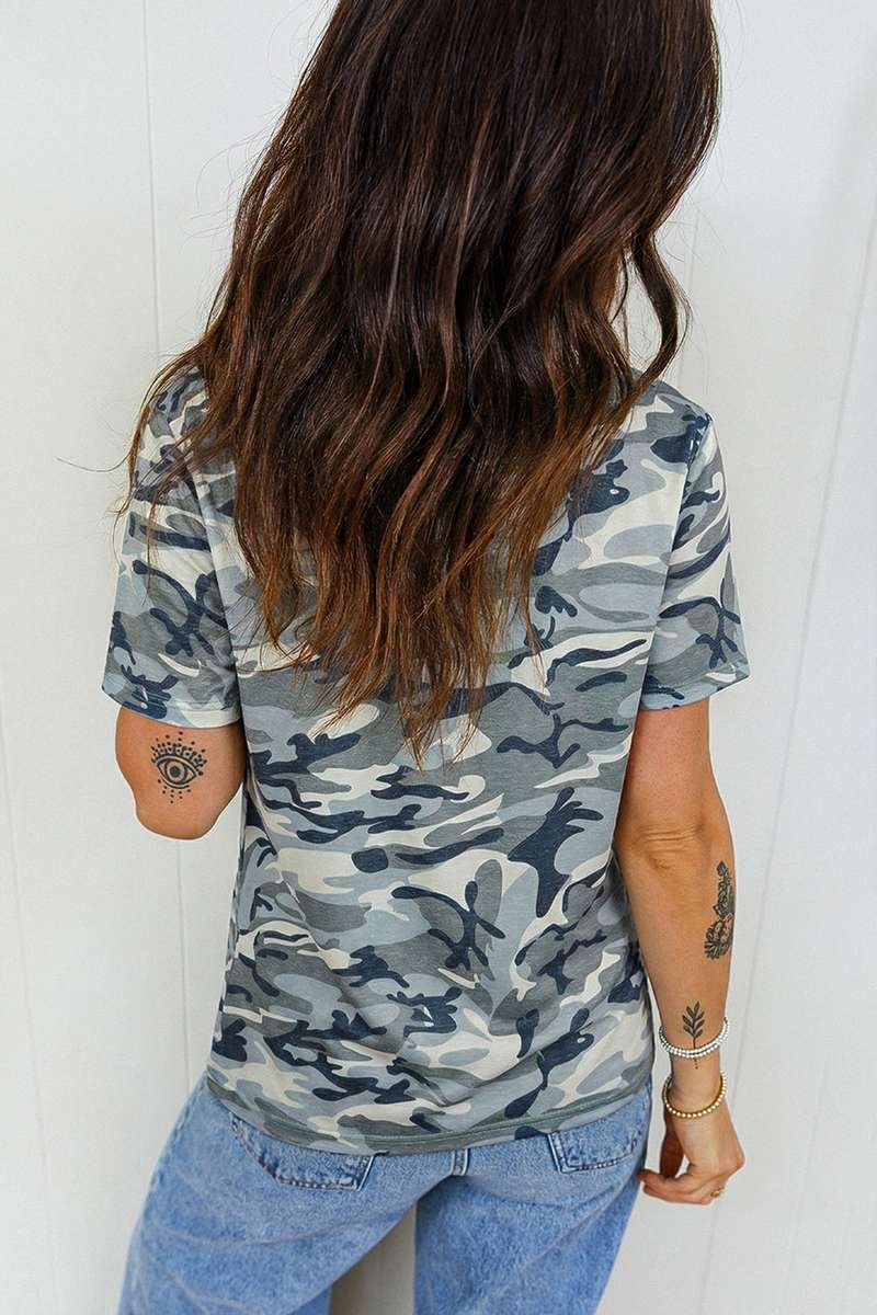 Green Camouflage Print Crew Neck T Shirt