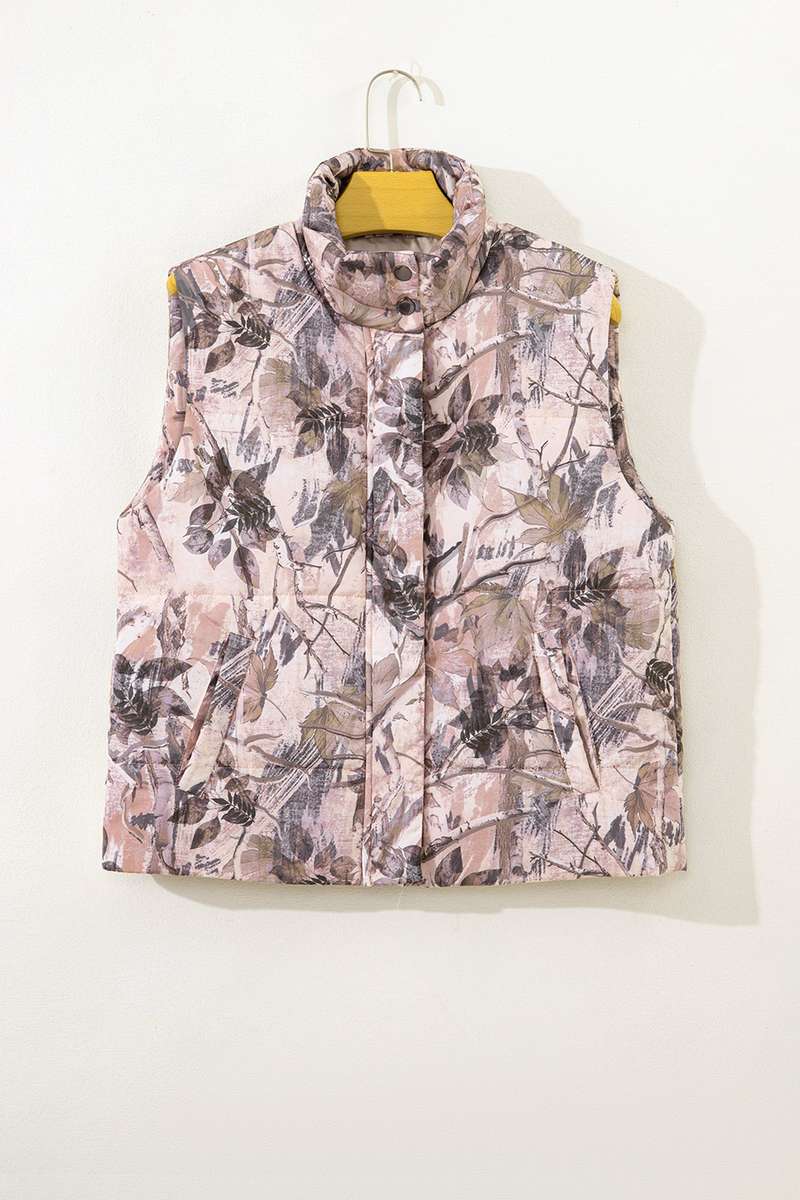 Brown Camo Leaf Print Winter Puffer Vest