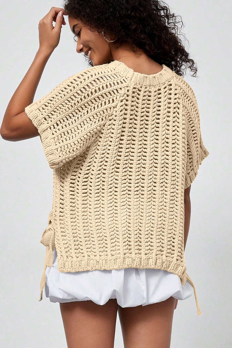 Apricot Plus Size Open Knit Bow Tie Short Sleeve Sweater