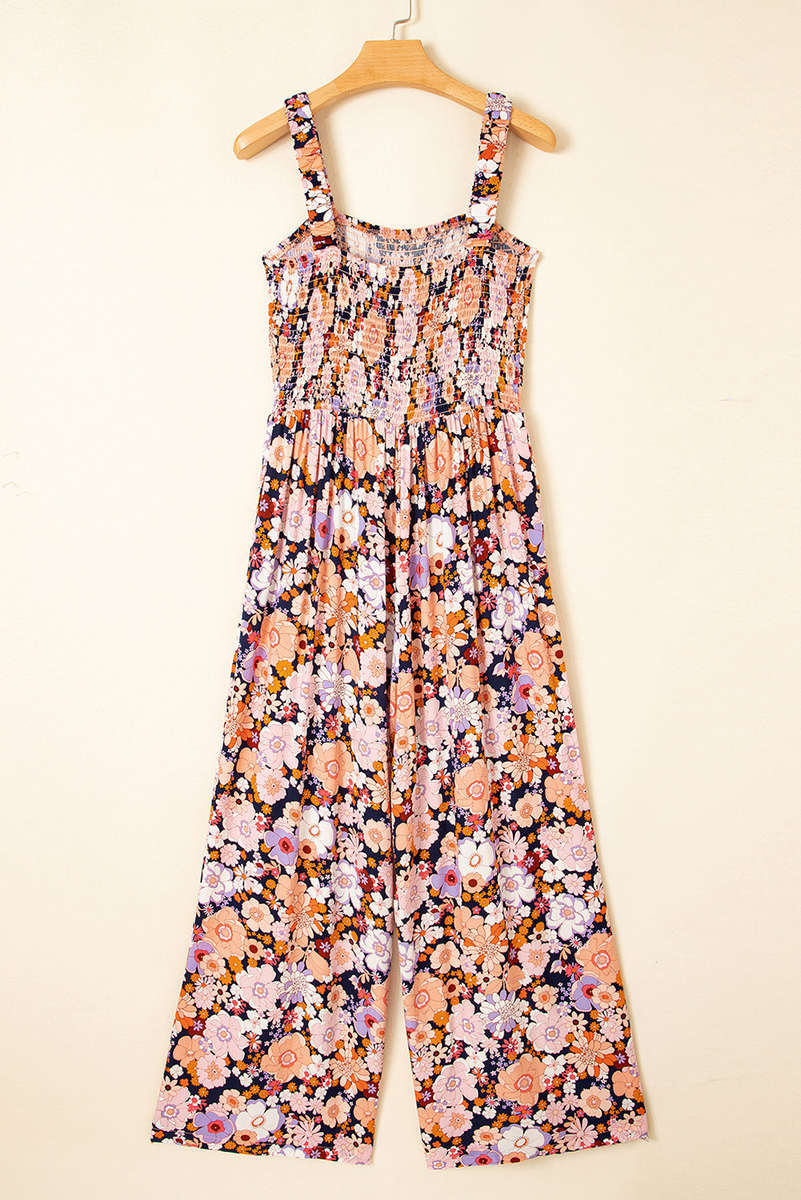 Black Floral Print Smocked High Waist Square Neck Jumpsuit