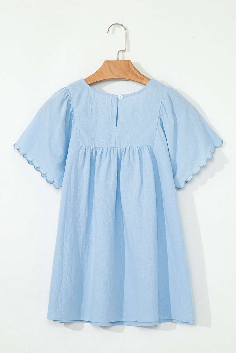Beau Blue Solid Color Embroidered Scalloped Sleeves Crew Neck Blouse