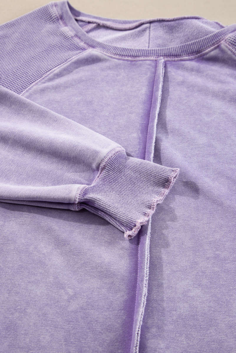 Orchid Petal Solid Waffle Knit Patchwork Raglan Sleeve Sweatshirt
