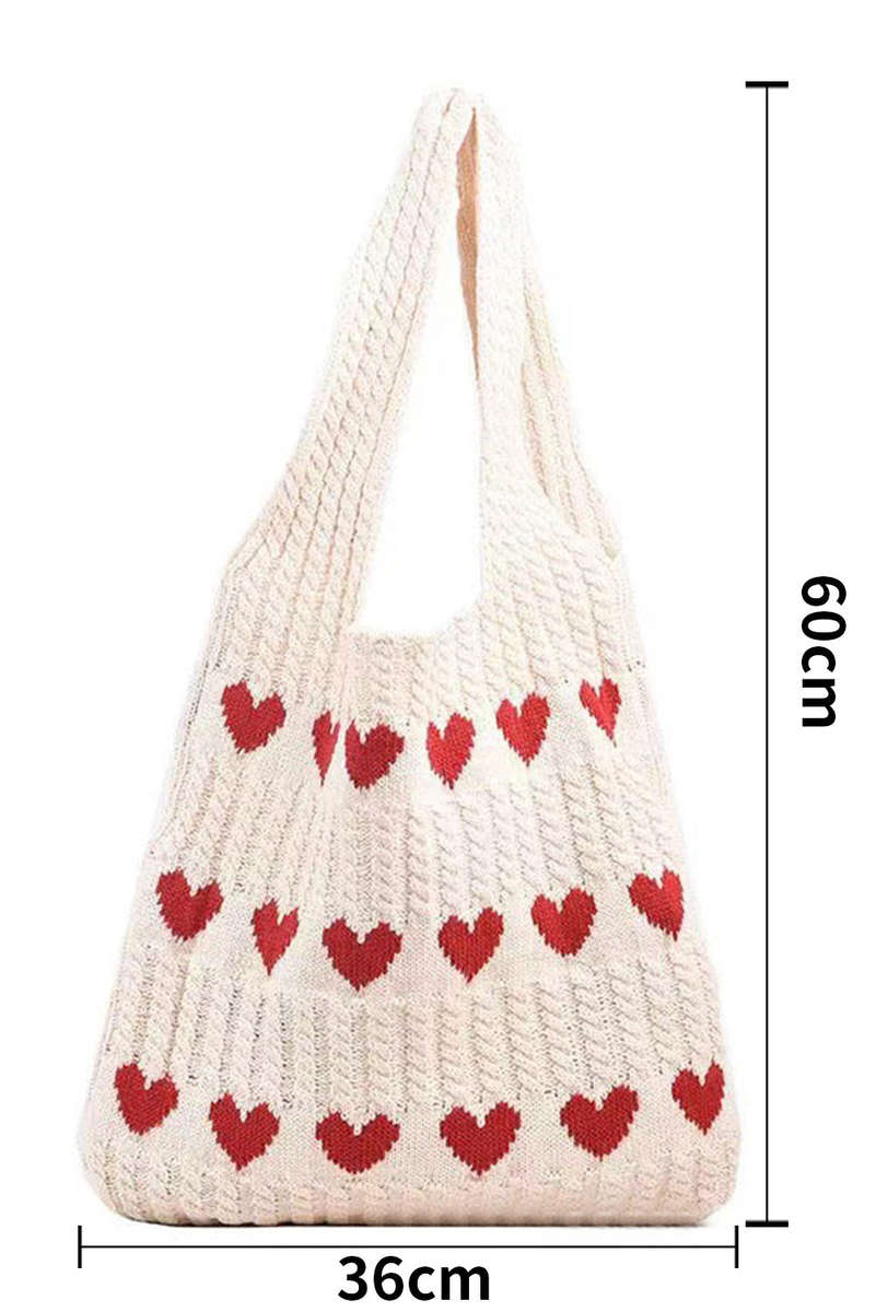 Apricot Heart Pattern Knit Large Shoulder Bag