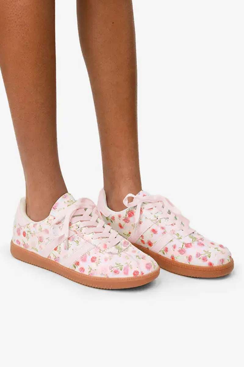 Light Pink Floral Print Lace-up PU Leather Flat Shoes