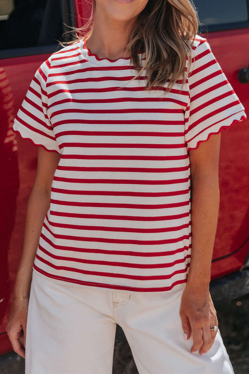 Red Stripe Scalloped Trim Round Neck T Shirt
