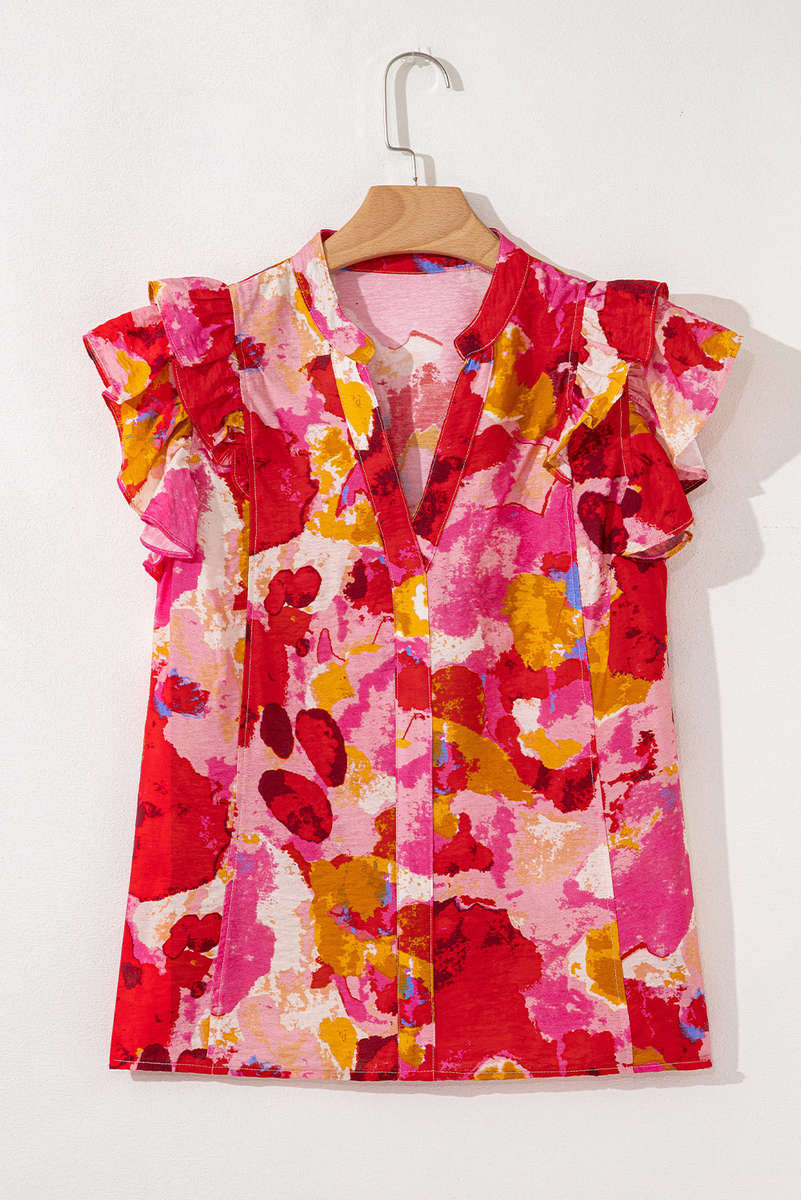 Red Abstract Print Split V Neck Ruffle Short Sleeve Blouse