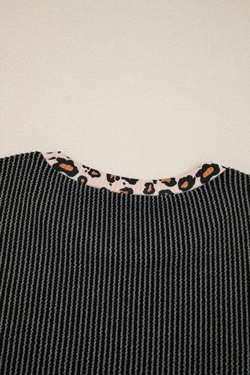 Carbon Grey Twisted Rib Texture Leopard Patchwork Detail 2pcs Pant Set