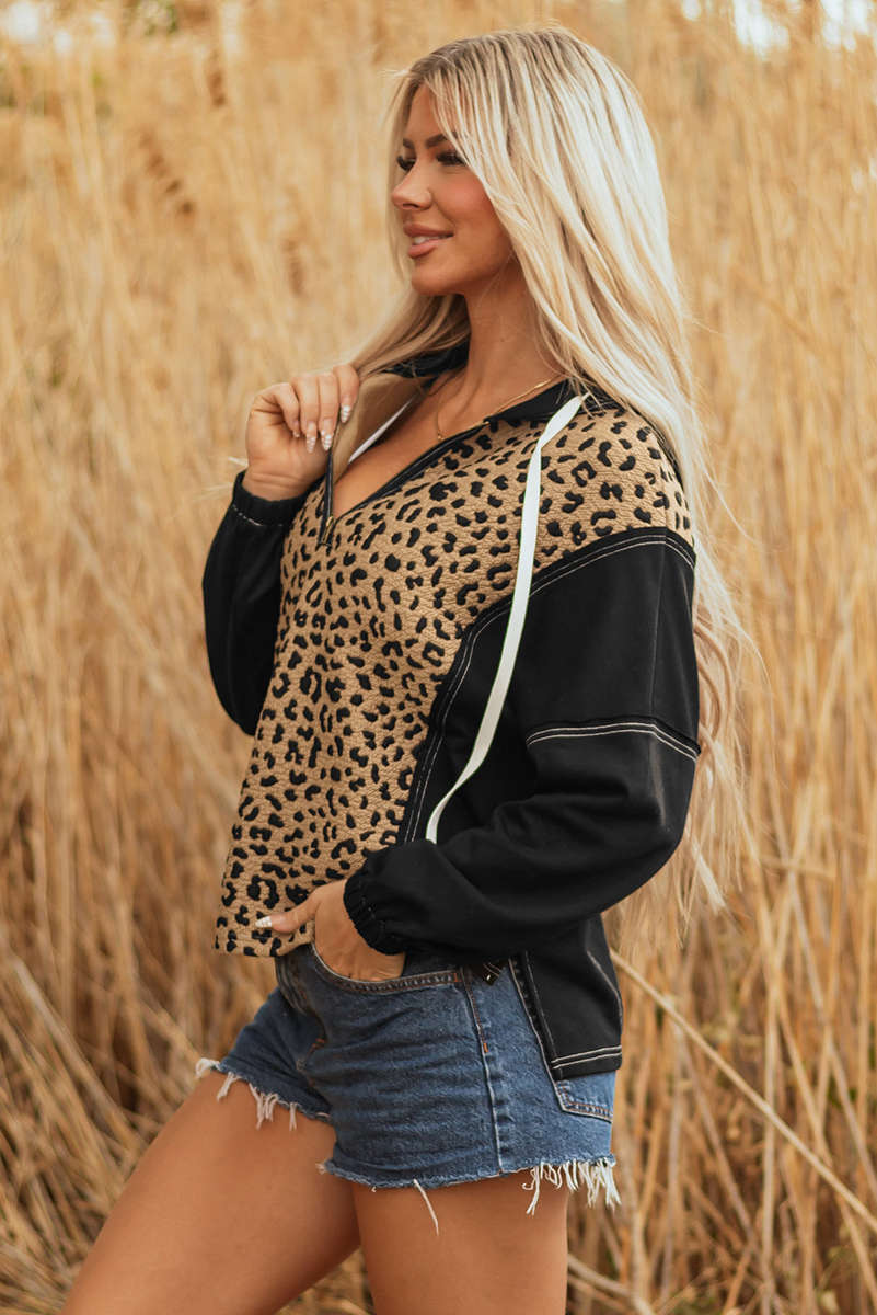 Brown Leopard Patchwork Contrast Stitching Knotted Cuff Quarter Zip Hoodie