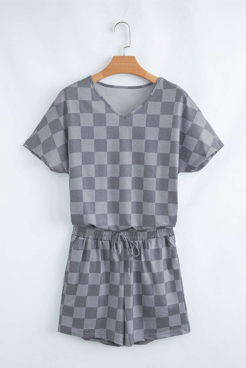 Gray Checkered V Neck Tee Drawstring Shorts Lounge Set