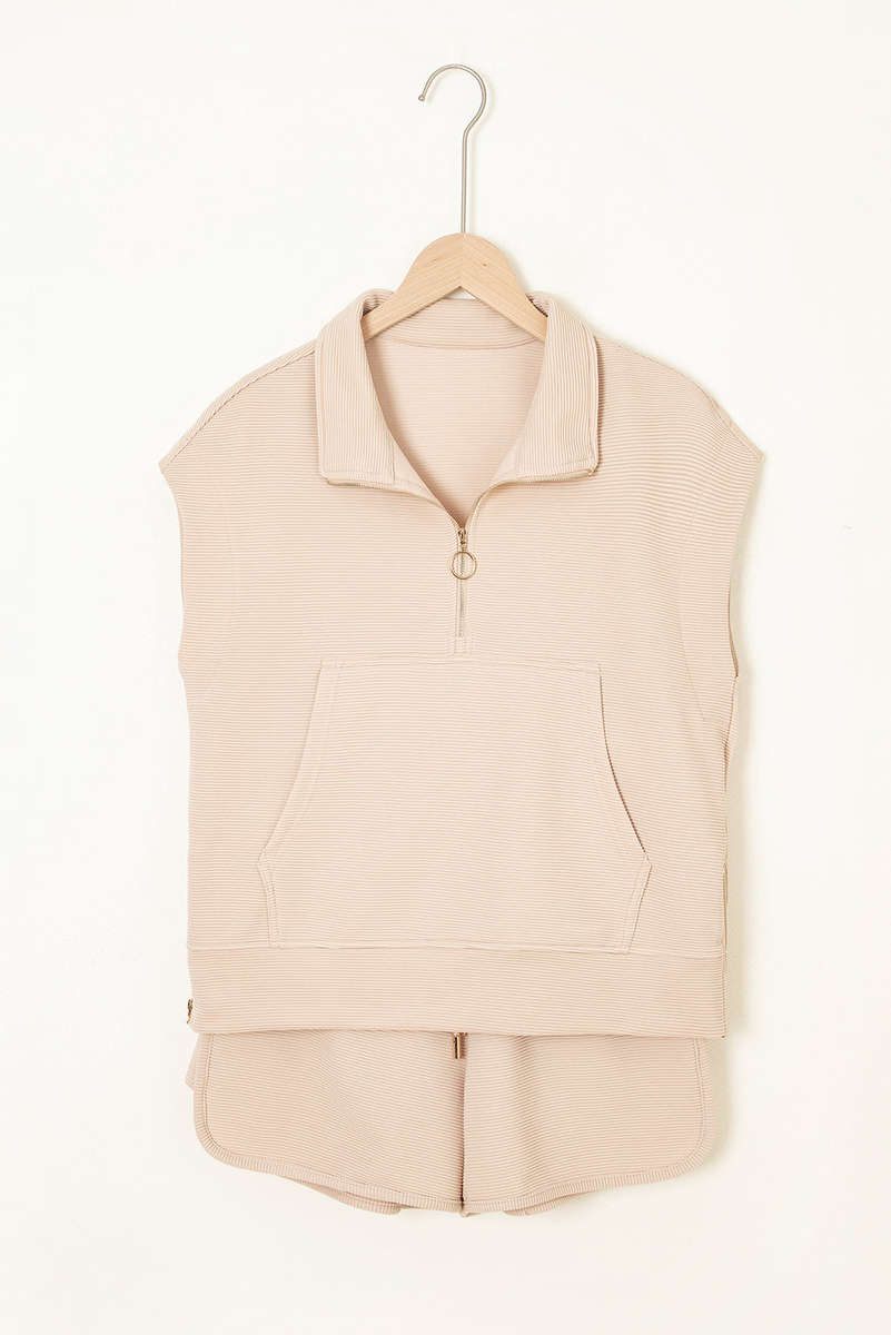 Parchment Textured Half Zip Kangaroo Pocket Top Drawstring Shorts Set