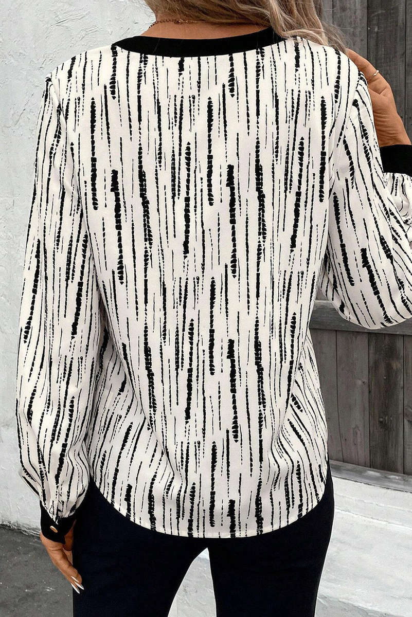 White Abstract Printed V Neck Fall Blouse