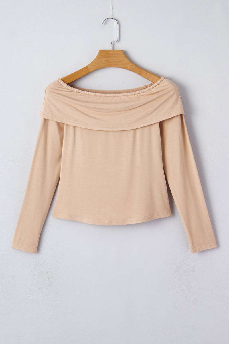 Smoke Gray Foldover Off Shoulder Long Sleeve Slim Top