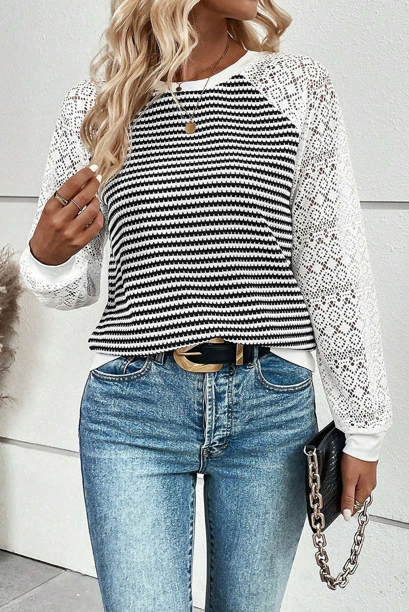 Black Stripe Textured Knit Contrast Hollowed Lace Patchwork Long Sleeve Top