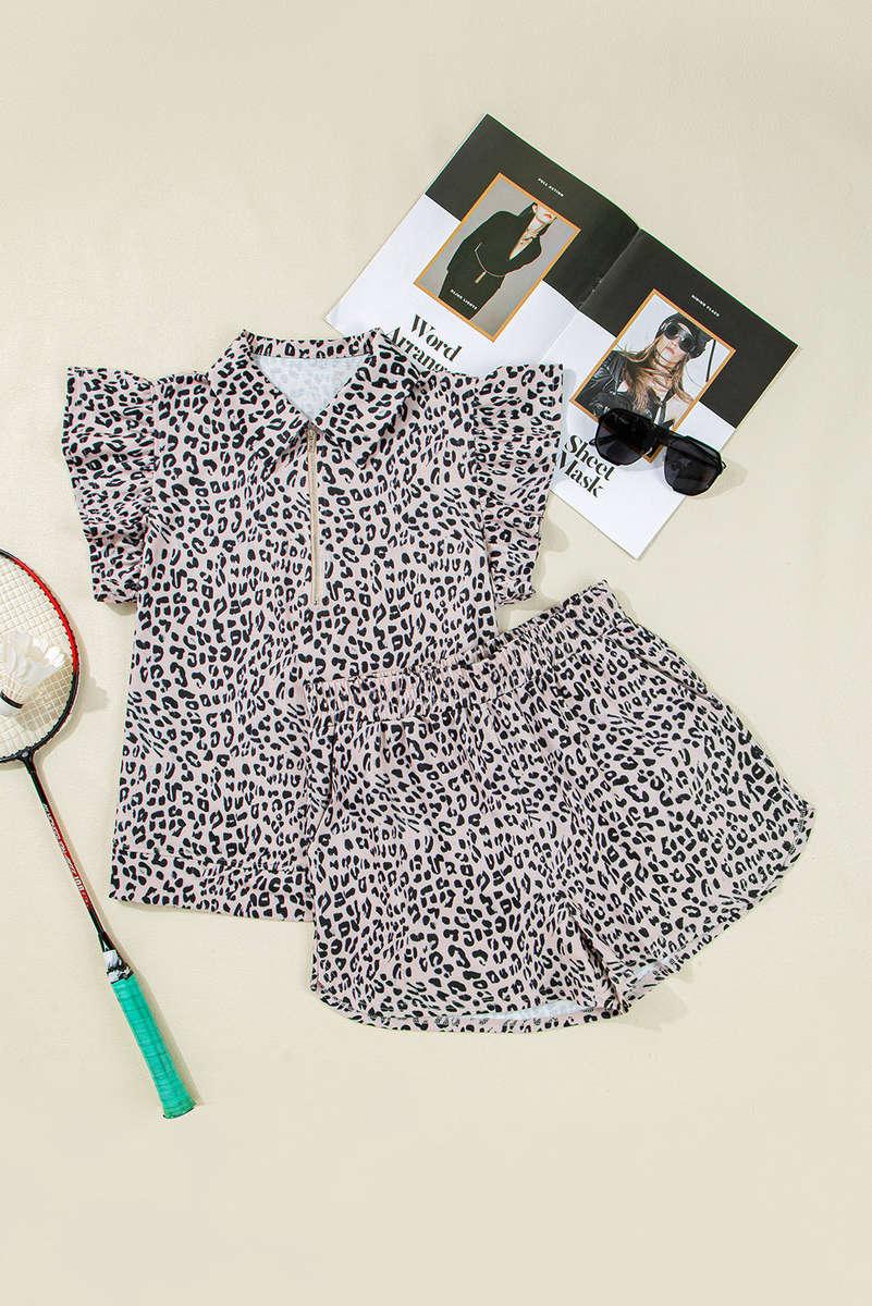 Brown Leopard Half Zipper Collared Ruffled Sleeve Top and Short Set
