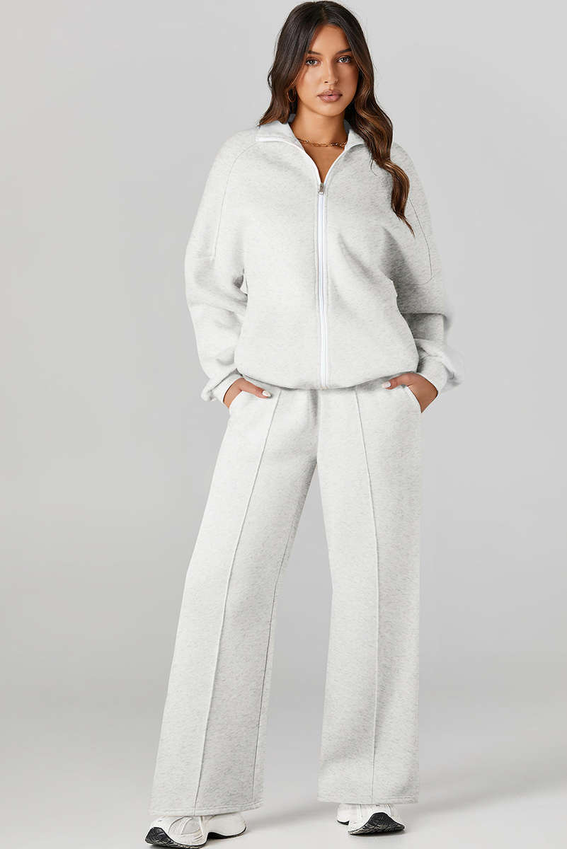 Light Grey Drop Shoulder Zip Up Jacket Drawstring Pants Active 2pcs Set