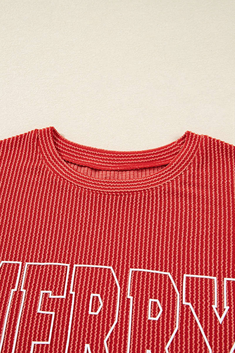 Fiery Red Twisted Rib Outlined Merry Letter Graphic Loose Long Sleeve Top