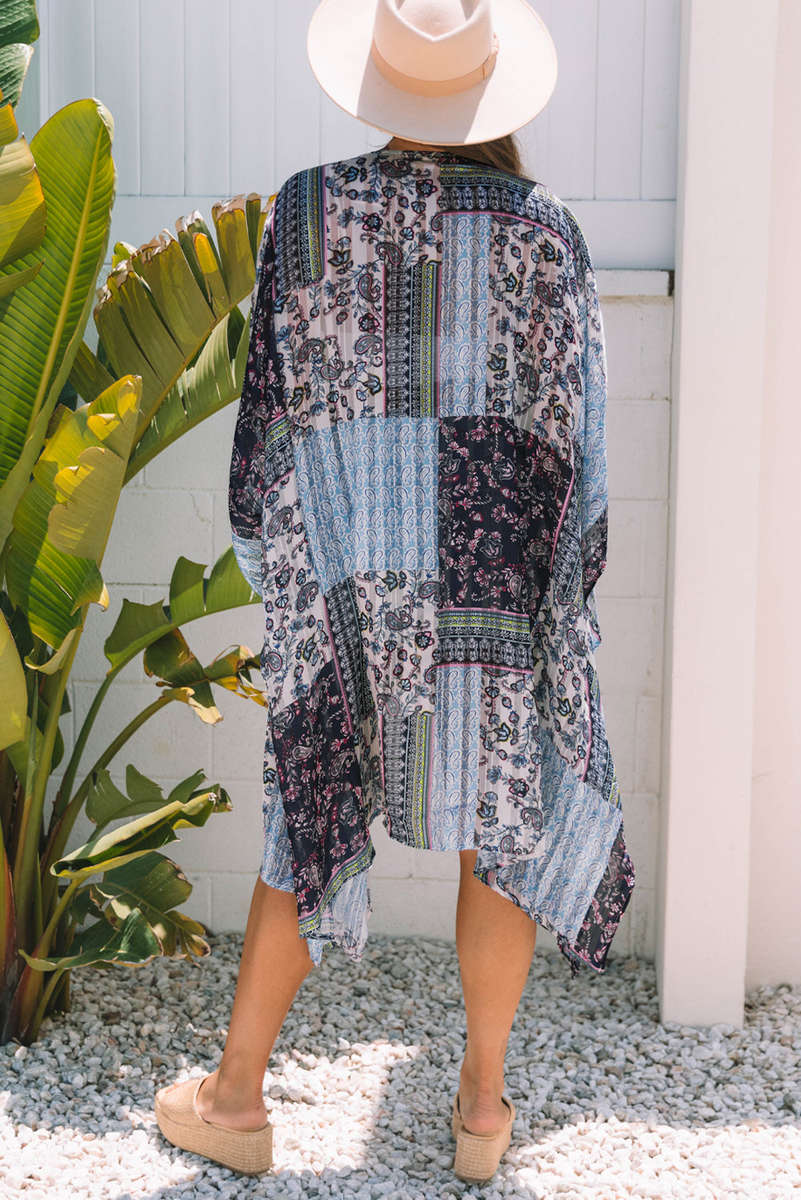 Blue Retro Floral Print Long Loose Open Front Kimono