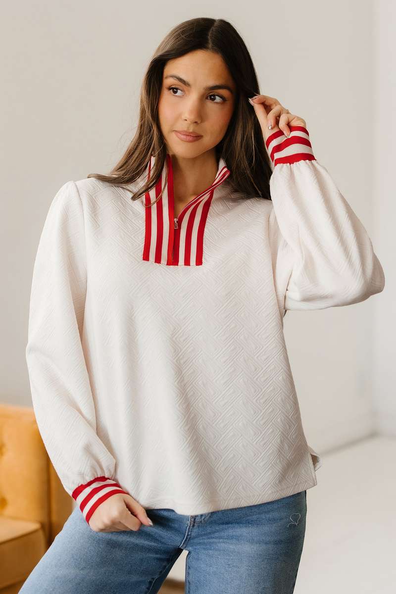 White Textured Knit Contrast Striped Accent Zipped Collar Pullover Top