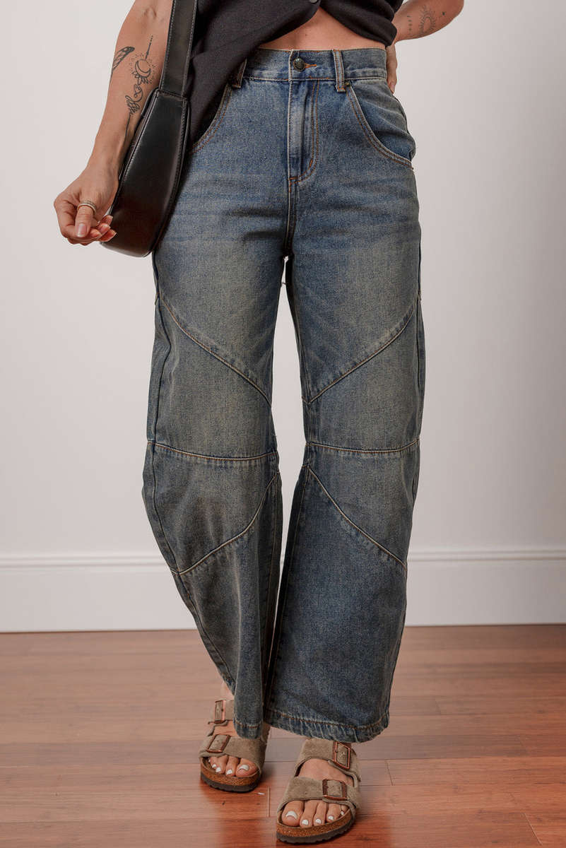 Sail Blue Exposed Stitching Loose Straight High Waist Jeans