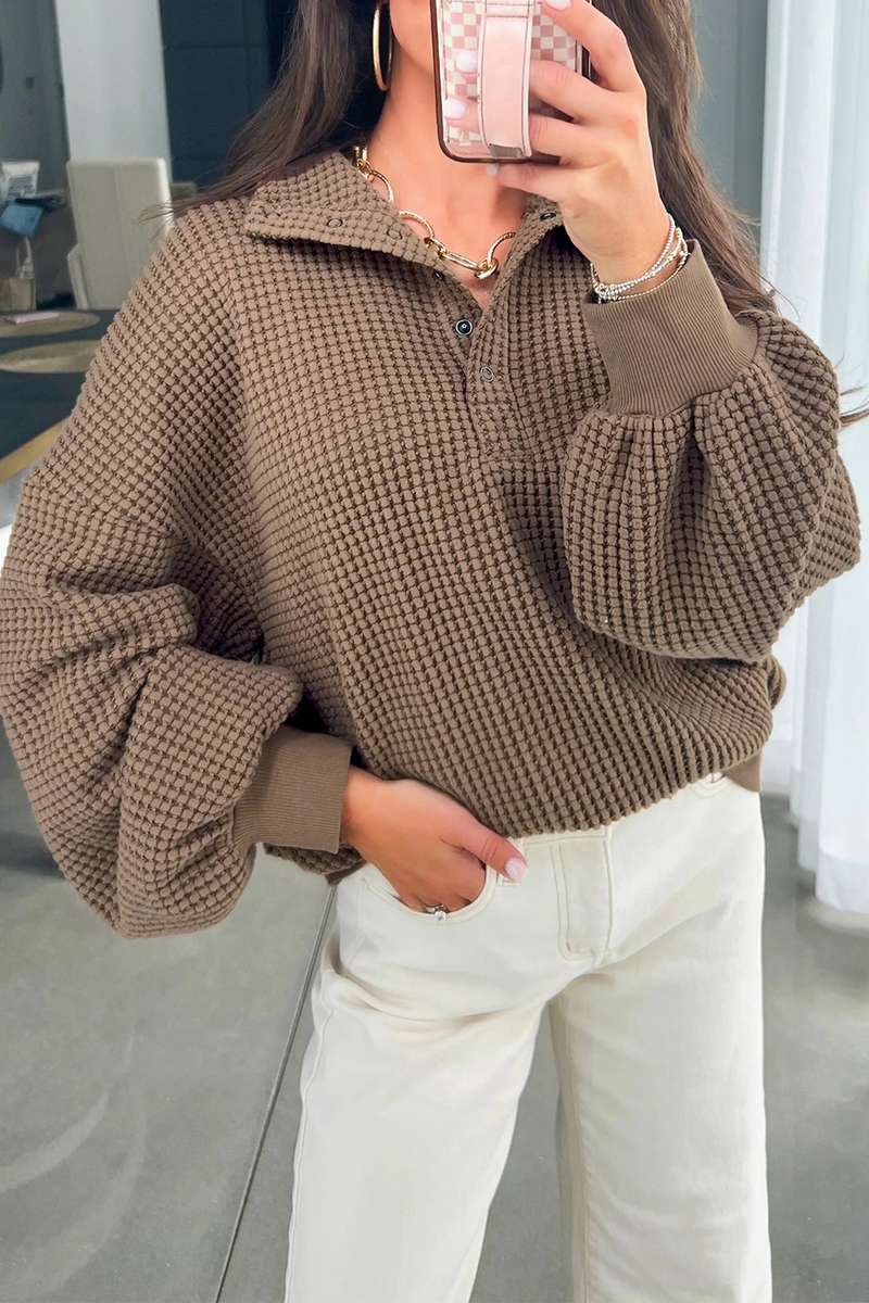 Casual Solid Color Textured Snap Button Collared Baggy Top