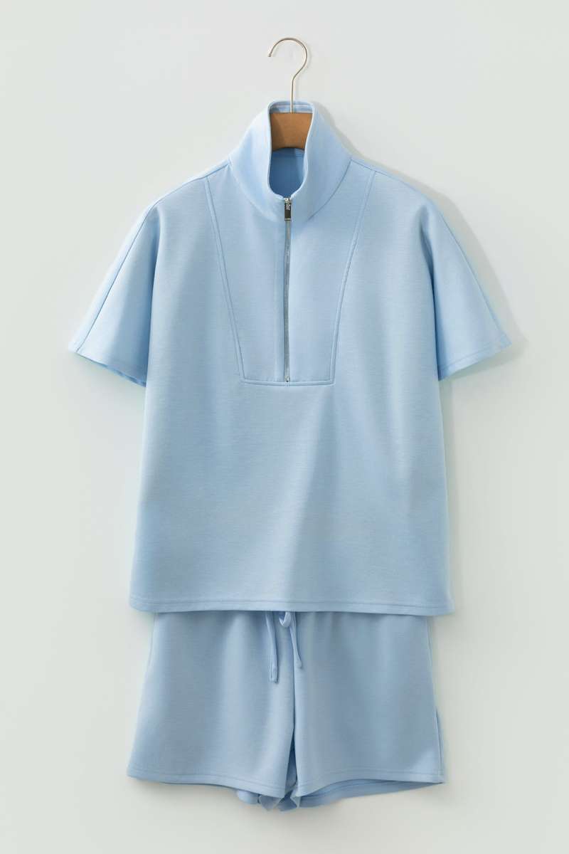 Beau Blue Solid Color Half Zip Loose Short Sleeve Sweatshirt 2pcs Set