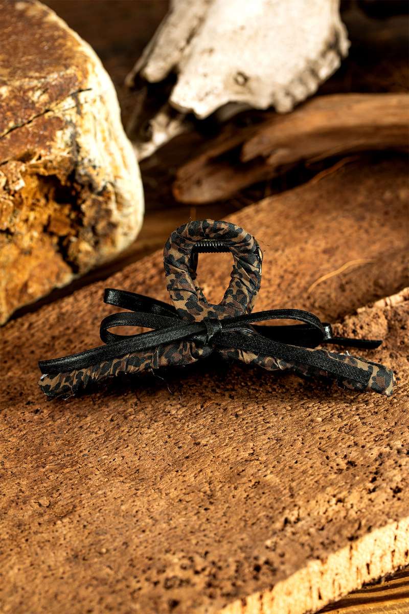 Thai Curry Leopard Cloth Wrap Over Contrast Bow Detail Hair Claw Clip