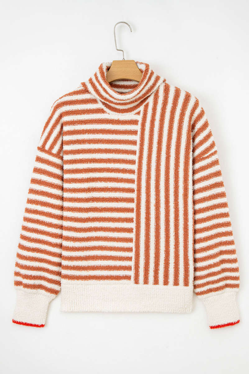 Orange Stripe Cowl Neck Drop Shoulder Sweater
